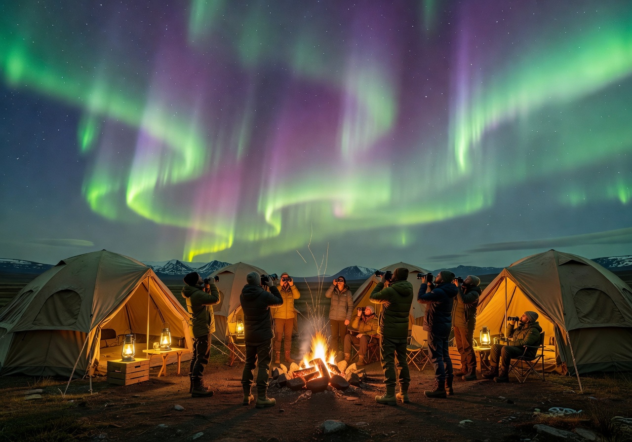 A private safari camp set up under the aurora borealis