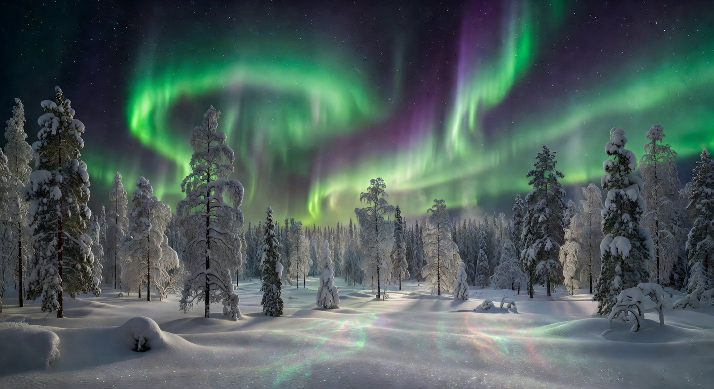 Stunning Northern Lights dancing over a snowy Finnish forest