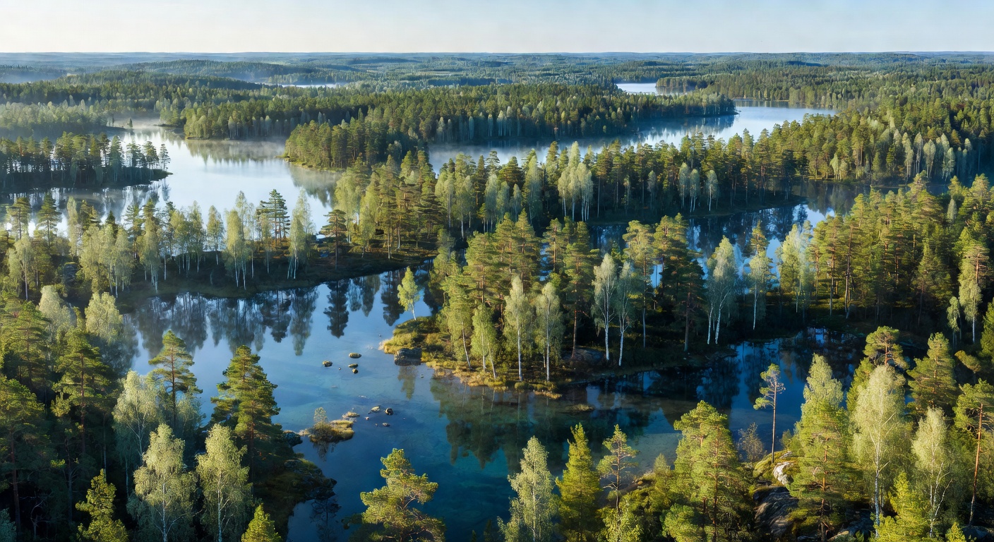 Vast landscape showing dense Finnish forests and crystal clear lakes