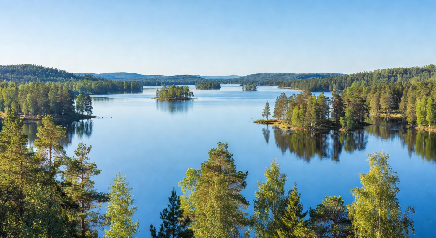 Serene view over a calm blue lake in the Finnish Lakeland region