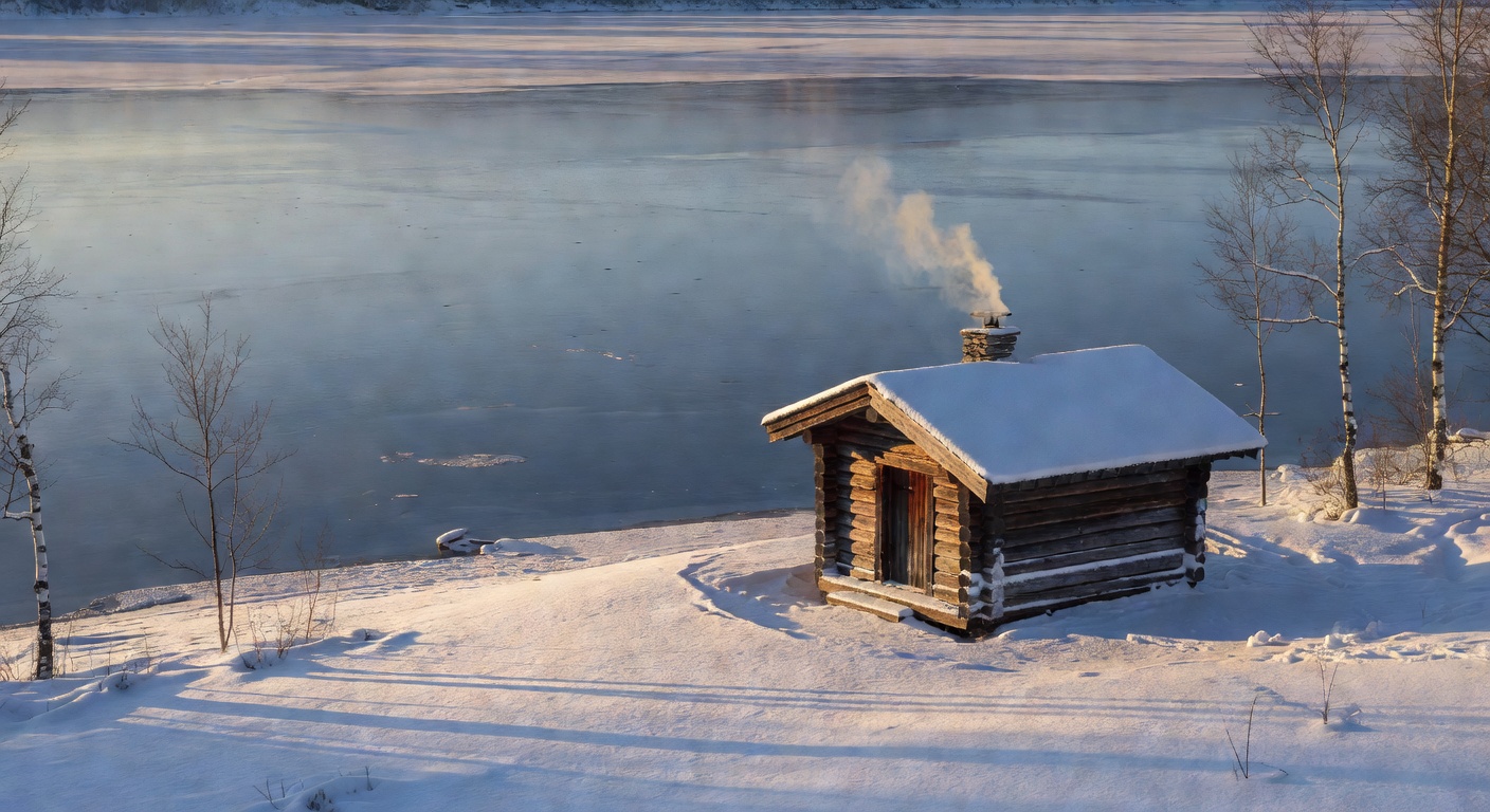 Traditional Finnish sauna sitting next to a calm frozen lake