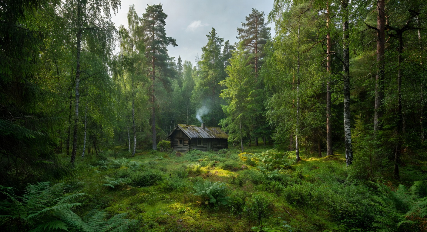 Secluded wooden cabin surrounded by lush Finnish forest
