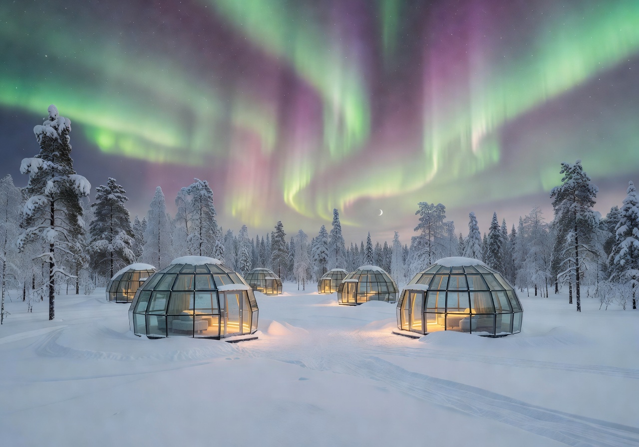 Premium glass igloo resort surrounded by snow in Finland