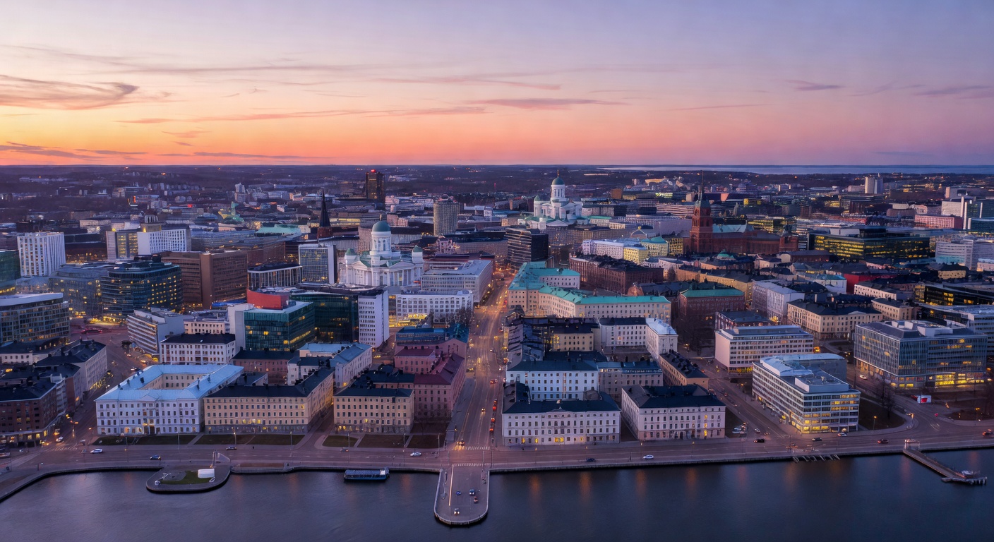 Aerial view of Helsinki cityscape during a Nordic twilight
