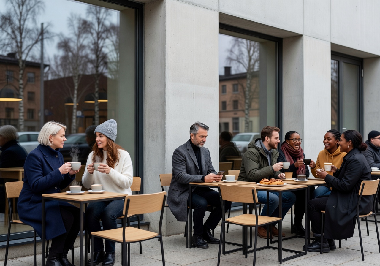 Locals enjoying coffee outside a modern, minimalist cafe in Helsinki