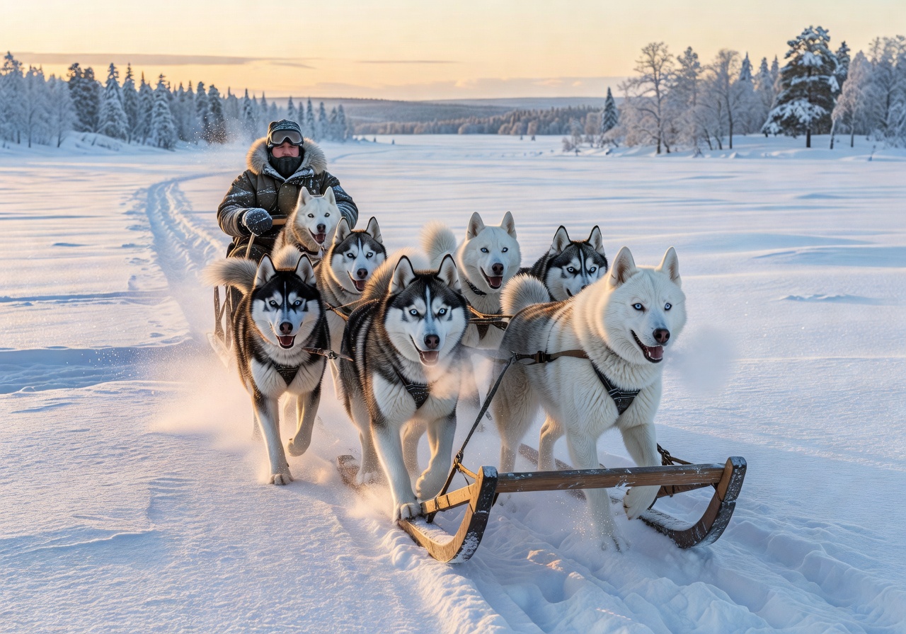 A team of huskies pulling a sled through a frozen landscape