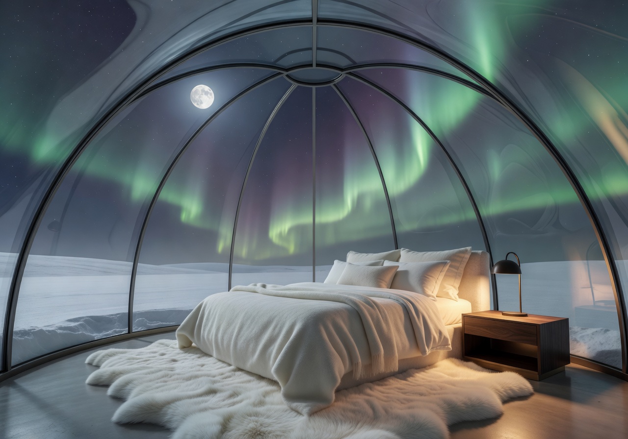 Interior view of a luxury glass igloo looking up at the snowy night sky