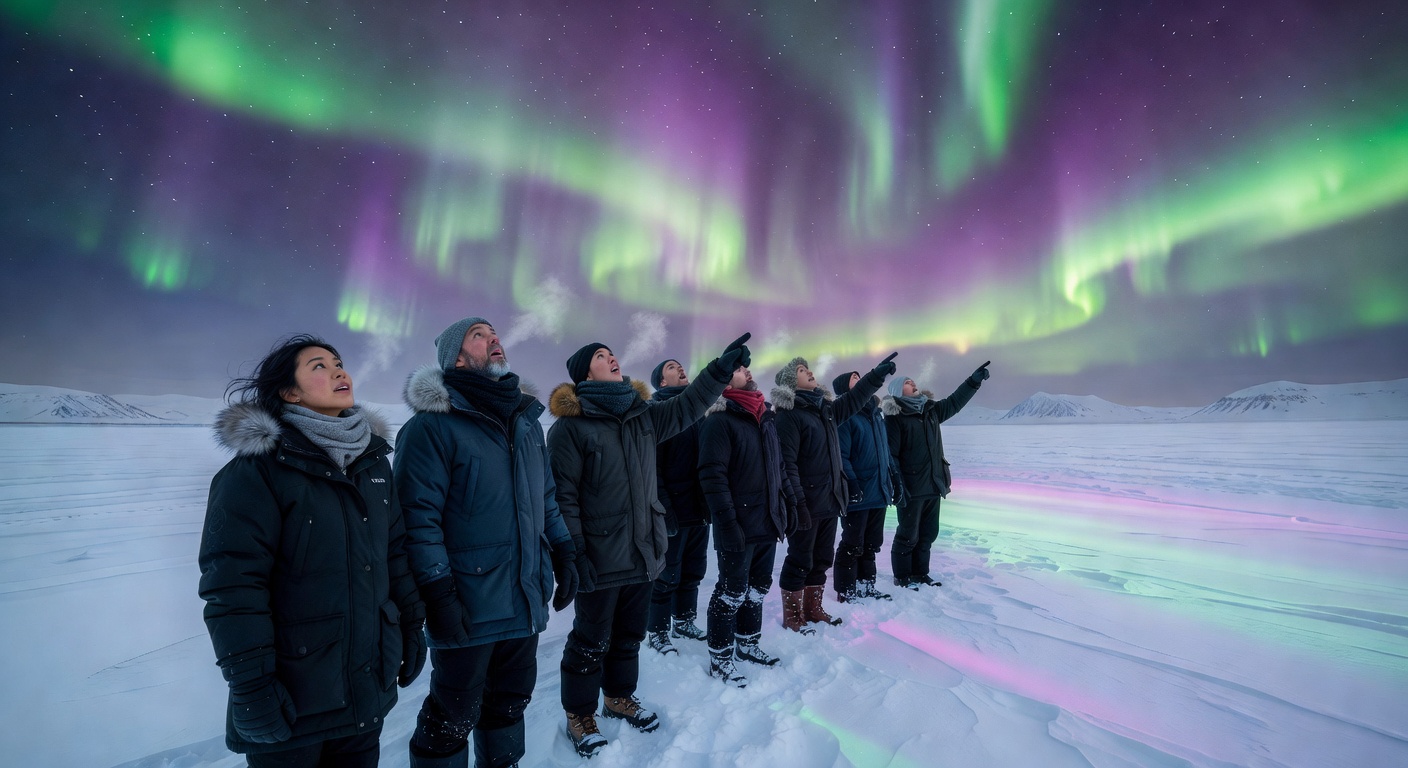 Travelers gazing at the spectacular northern lights in the sky