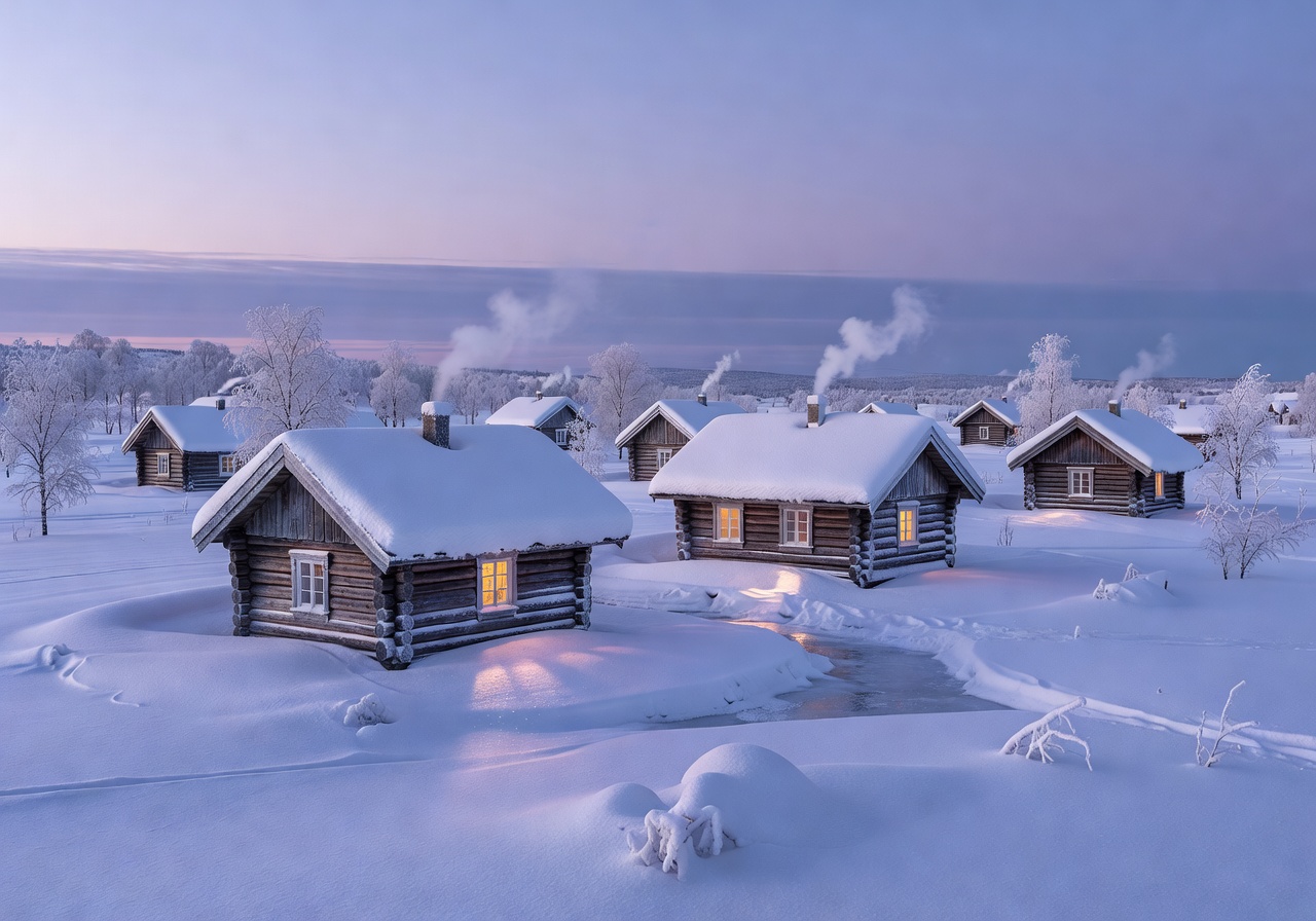 Snow-covered cabins near Rovaniemi on the Arctic Circle
