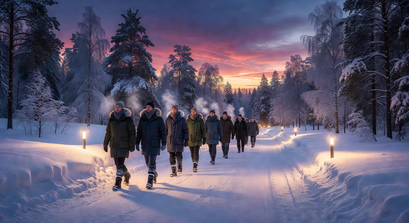 Travelers walking safely on a well-lit snowpath at dusk