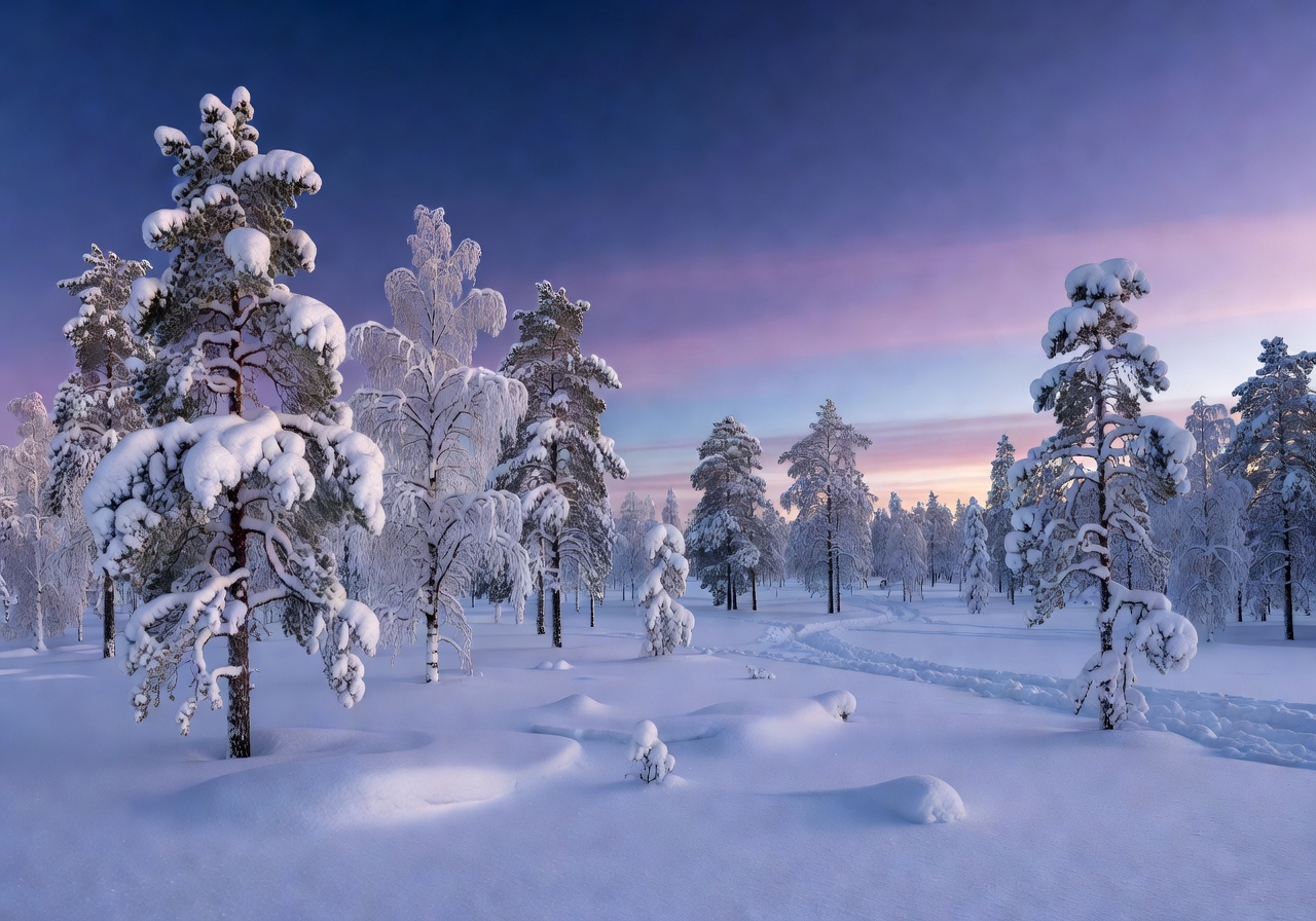 Snow-covered trees in Lapland under a twilight sky