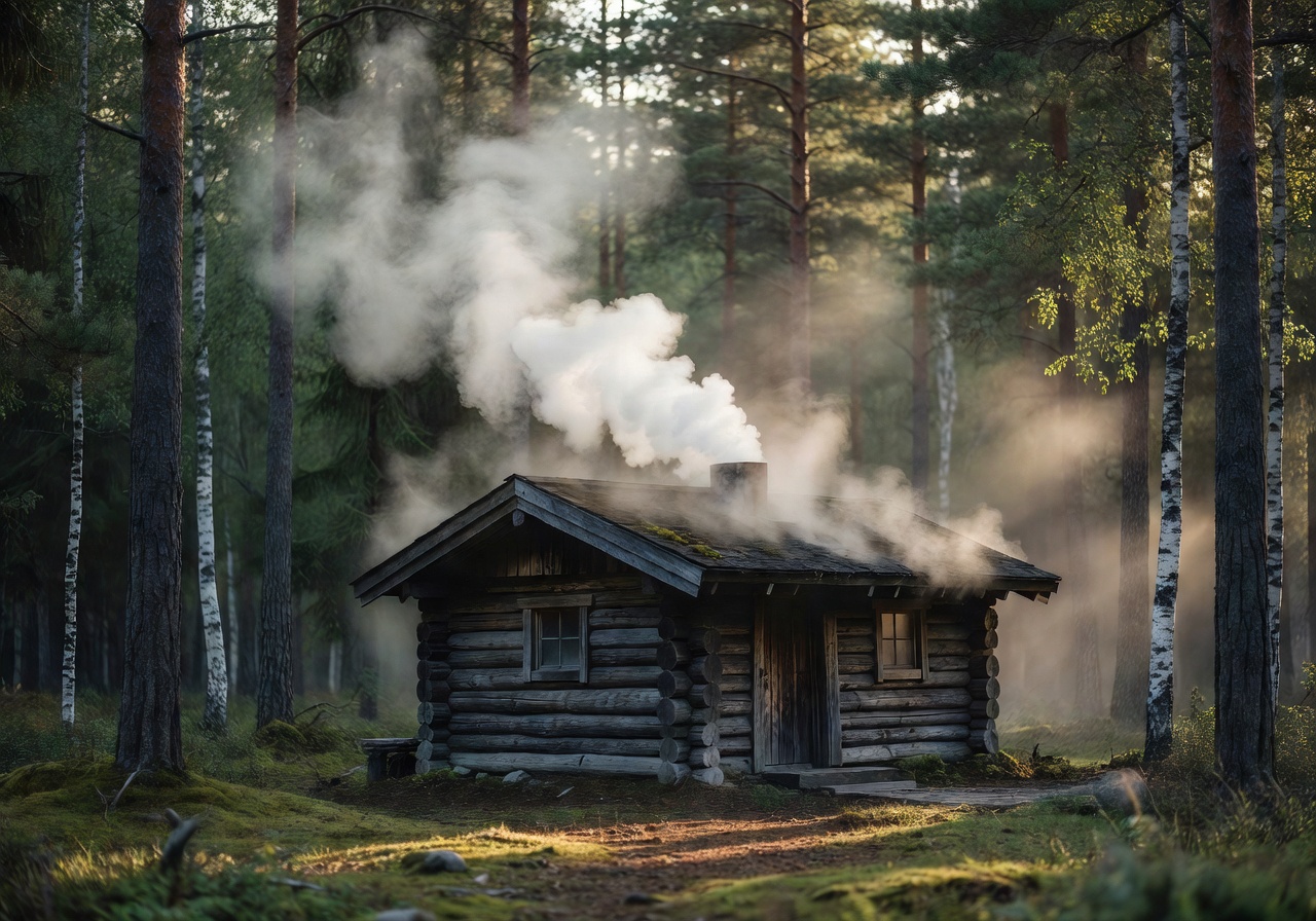 Steaming traditional Finnish sauna located near a forest